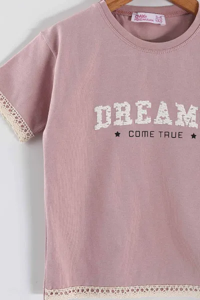Gül Kurusu (3-10  Yaş)Dream Baskılı Tişörtlü Kot Şortlu Kız  Çocuk 2'li  Takım 457356