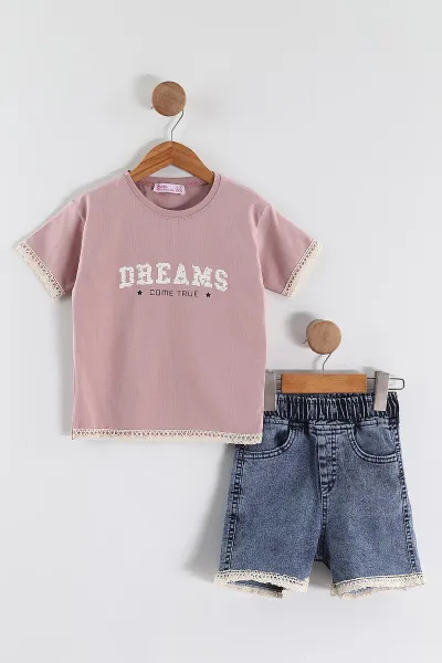 Gül Kurusu (3-10  Yaş)Dream Baskılı Tişörtlü Kot Şortlu Kız  Çocuk 2'li  Takım 457356