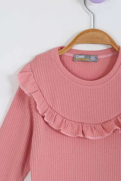 Gül Kurusu (3-11 Yaş) Yaka ve Kol Fırfır Detaylı Kız Çocuk Sweatshirt 297015