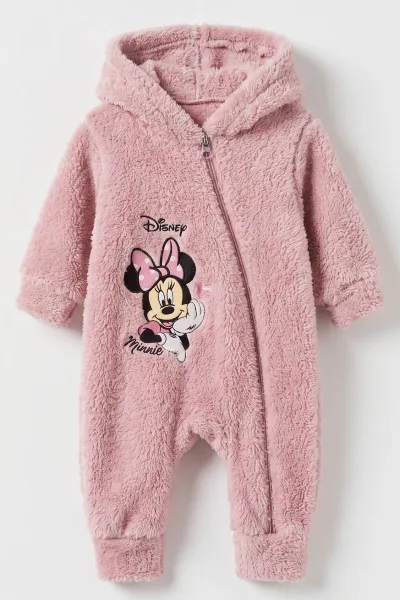 Gül Kurusu (3-12 Ay) Karakter Nakışlı  Kapüşonlu Peluş Kız Bebek Tulum 495674