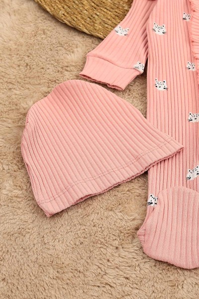 Gül Kurusu (3-12 Ay) Kedi Baskılı Önü Fırfırlı Kız Çocuk Tulum 152342