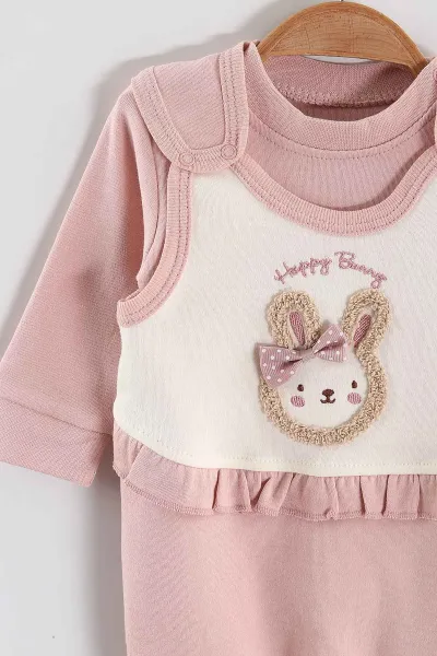 Gül Kurusu (3-12 Ay)  Tokalı Tavşan Nakışlı Kız Bebek Salopet Takım 456600