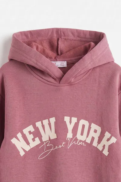 Gül Kurusu (3-12 Yaş) Baskılı 3 İp Şardonlu Kapüşonlu Kız Çocuk Sweatshirt 473951