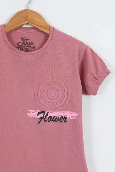 Gül Kurusu (3-12 Yaş) Flower Baskılı Kol Lastikli Kız Çocuk Tişört 354293