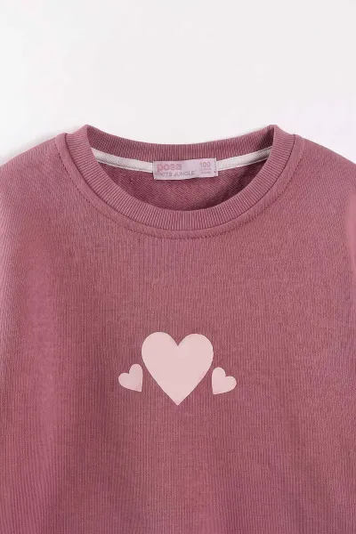 Gül Kurusu (3-12 Yaş) Kalp Baskılı 3 İp Şardonlu Kız Çocuk Sweatshirt 473978