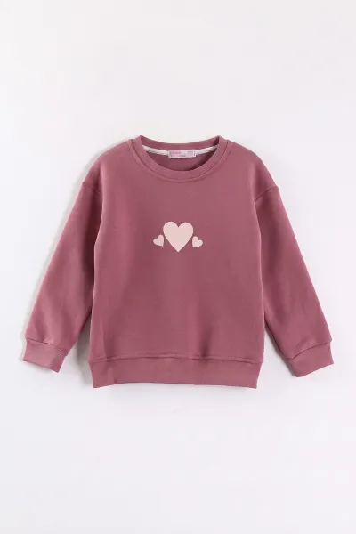 Gül Kurusu (3-12 Yaş) Kalp Baskılı 3 İp Şardonlu Kız Çocuk Sweatshirt 473978