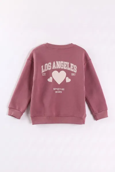 Gül Kurusu (3-12 Yaş) Kalp Baskılı 3 İp Şardonlu Kız Çocuk Sweatshirt 473978