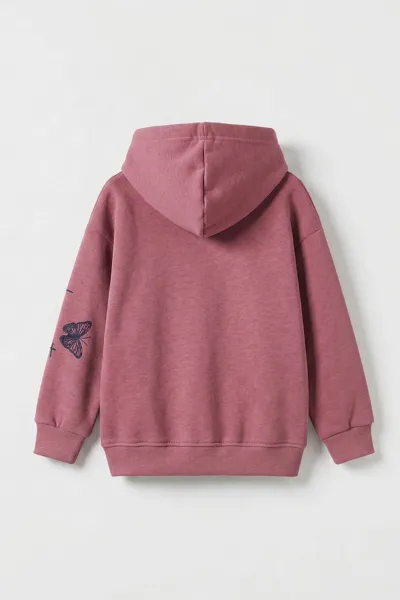 Gül Kurusu (3-12 Yaş) Kelebek Baskılı Kapüşonlu  Şardonlu 3 İp Kız Çocuk Sweatshirt 484140