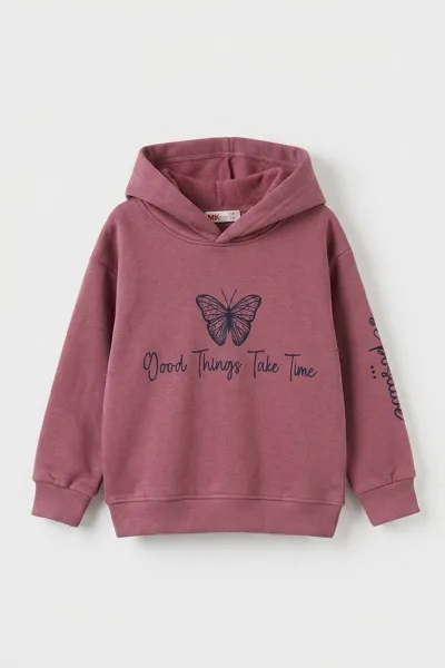 Gül Kurusu (3-12 Yaş) Kelebek Baskılı Kapüşonlu  Şardonlu 3 İp Kız Çocuk Sweatshirt 484140