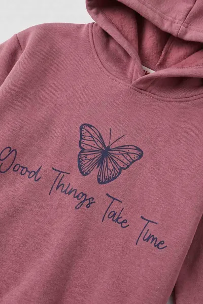 Gül Kurusu (3-12 Yaş) Kelebek Baskılı Kapüşonlu  Şardonlu 3 İp Kız Çocuk Sweatshirt 484140