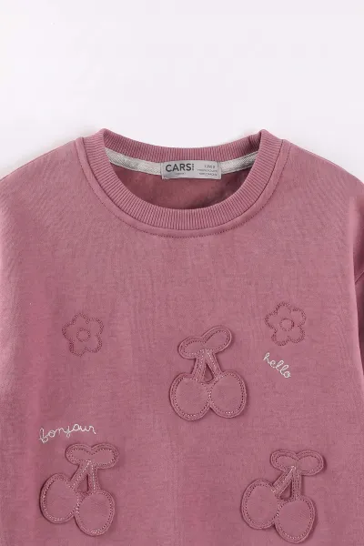Gül Kurusu (3-12 Yaş) Kiraz Nakışlı Şardonlu Kız Çocuk Sweatshirt 473992