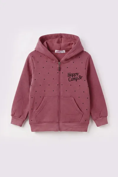 Gül Kurusu (3-12 Yaş) Noktalı Baskılı Kapüşonlu 3 İp Şardonlu Kız Çocuk Sweatshirt 483901
