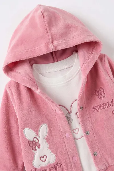 Gül Kurusu (3-18 Ay) Kapüşonlu Rabbit  Nakışlı Hırkalı  Çıtçıtlı Zıbınlı Kadife  Kız Bebek 3'lü Takım 487528