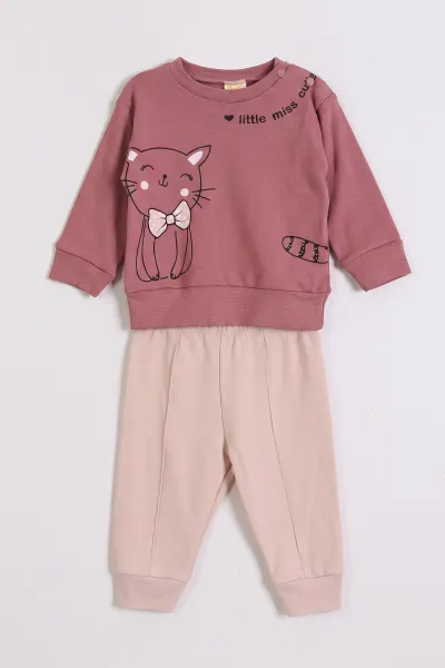 Gül Kurusu (3-18 Ay) Kedi Baskılı   Alt Çimalı  Kız Bebek 2'li Takım 477556