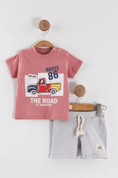 Gül Kurusu (3-24 Ay) The Road Baskılı Omuzdan Çıtçıtlı Tişört ve Şortlu Erkek Bebek Yazlık Takım 468051