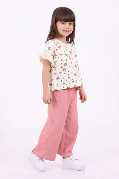 Gül Kurusu (3-6 Yaş)Çiçek Baskılı Kol Fırfırlı  Kız Çocuk Yazlık Takım 347591