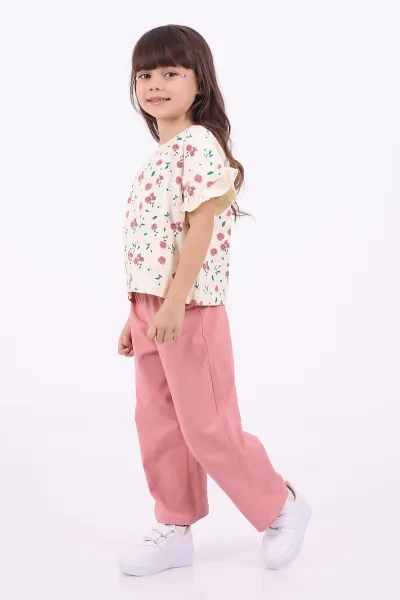 Gül Kurusu (3-6 Yaş)Çiçek Baskılı Kol Fırfırlı  Kız Çocuk Yazlık Takım 347591