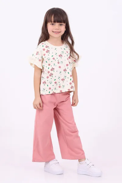 Gül Kurusu (3-6 Yaş)Çiçek Baskılı Kol Fırfırlı  Kız Çocuk Yazlık Takım 347591