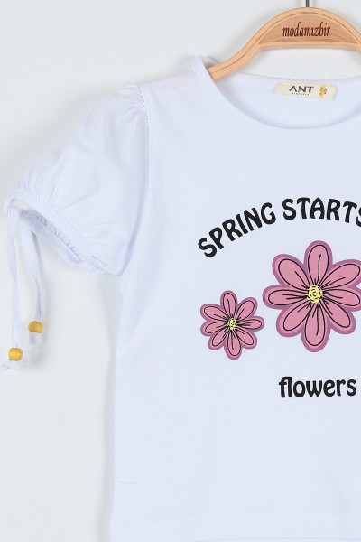 Gül Kurusu (3-7 Yaş) Çiçek Flowers Baskılı Boncuklu Şortlu Kız Çocuk Takım 186315
