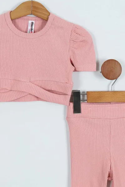 Gül Kurusu (3-7 Yaş) Crop Fitilli Kız Çocuk Takım 265337