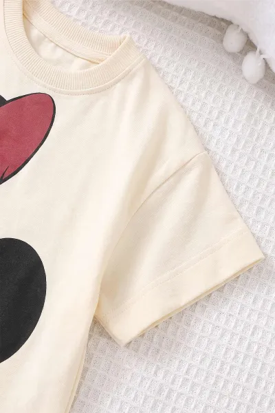 Gül Kurusu (4-10 Yaş) Miki Kabartma Baskılı Alt Fitilli Şort Diz Boy Kısa Taytlı Kız Çocuk Yazlık Takım 469862