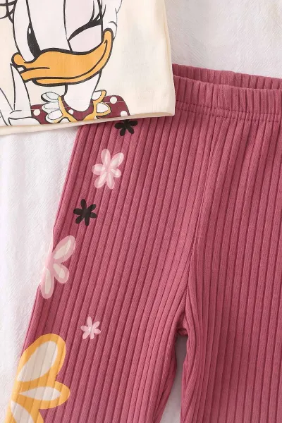 Gül Kurusu (4-10 Yaş)Daisy Duck Baskılı  Alt Fitilli Baskılı Şort Diz Boy Kısa Taytlı Kız Çocuk Yazlık Takım 469892