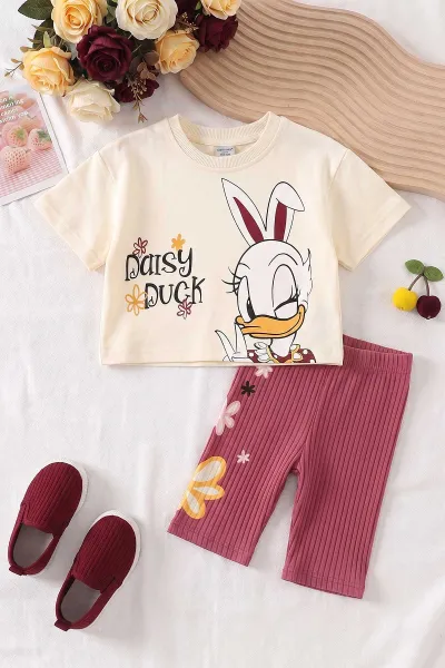 Gül Kurusu (4-10 Yaş)Daisy Duck Baskılı  Alt Fitilli Baskılı Şort Diz Boy Kısa Taytlı Kız Çocuk Yazlık Takım 469892