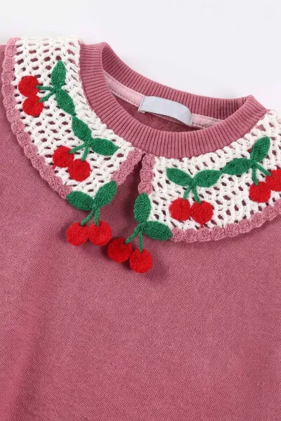 Gül Kurusu (4-11 Yaş) Yakası Kiraz Nakışlı 3 İp Şardonlu Kız Çocuk Kışlık Takım 483041