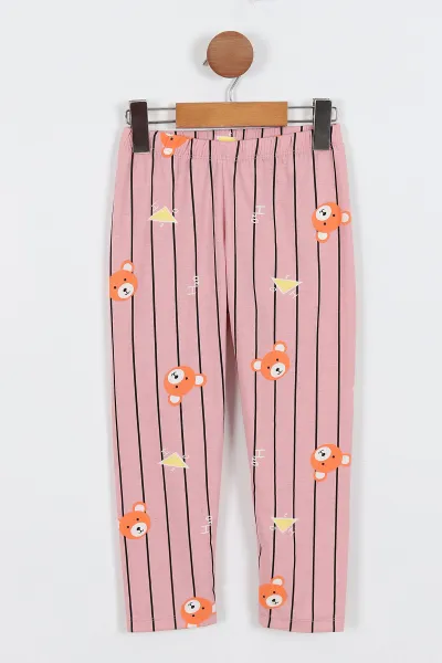 Gül Kurusu (4-12 Yaş) Ayıcık Baskılı Ön Düğmeli Göz Bandı Detaylı Kız Çocuk Pijama Takım 337916