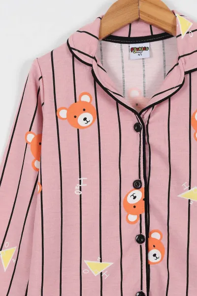 Gül Kurusu (4-12 Yaş) Ayıcık Baskılı Ön Düğmeli Göz Bandı Detaylı Kız Çocuk Pijama Takım 337916