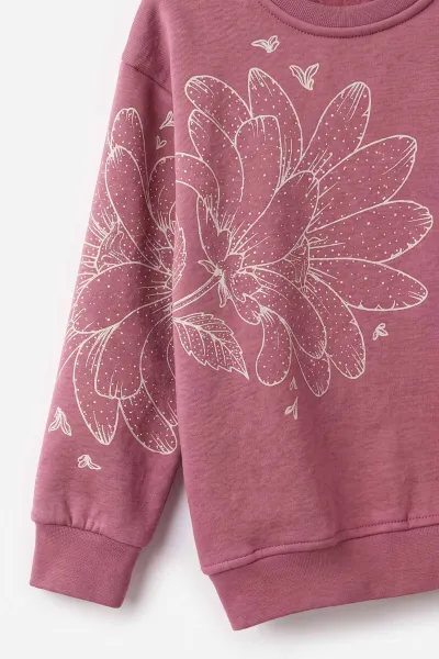 Gül Kurusu (4-12 Yaş) Çiçek Baskılı İçi Şardonlu Kız Çocuk Sweatshirt 495884