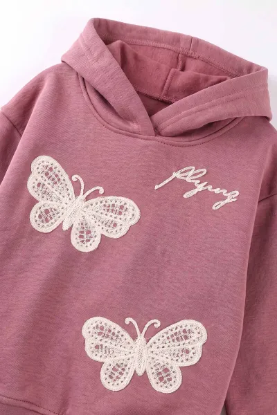 Gül Kurusu (4-12 Yaş) Kelebek Süzene Nakışlı İçi Şardonlu Kız Çocuk Sweatshirt 495875