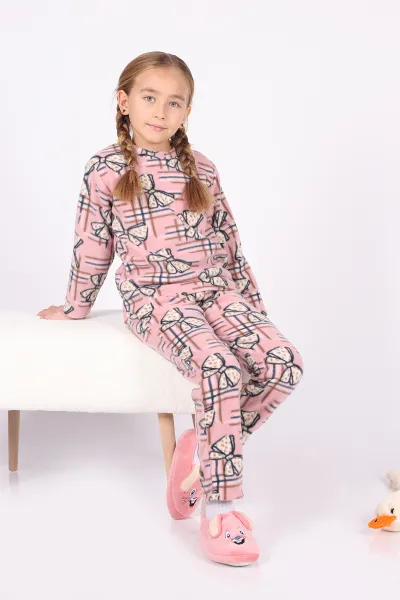 Gül Kurusu (4-12 Yaş)Fiyonk  Desenli Polar Kumaş Kız Çocuk Pijama Takımı 327471