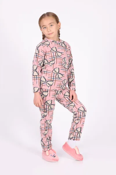 Gül Kurusu (4-12 Yaş)Fiyonk  Desenli Polar Kumaş Kız Çocuk Pijama Takımı 327471