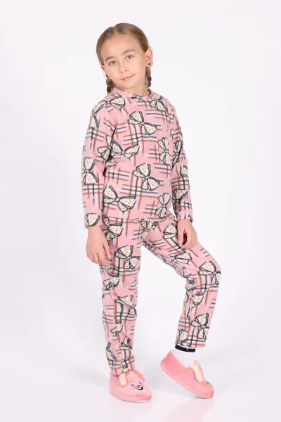 Gül Kurusu (4-12 Yaş)Fiyonk  Desenli Polar Kumaş Kız Çocuk Pijama Takımı 327471