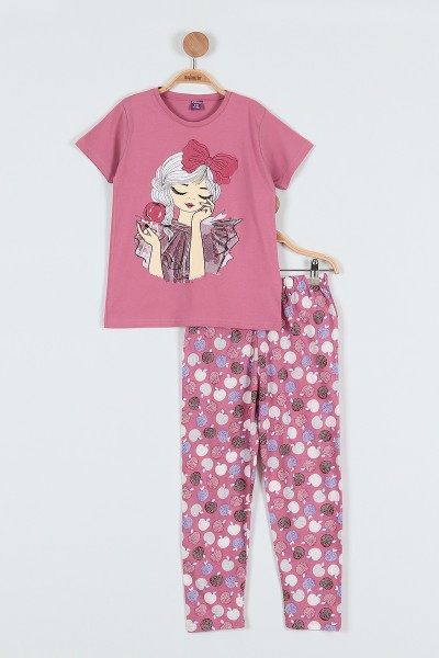 Gül Kurusu (4-6 Yaş) Elme Şekeri Baskılı Kız Çocuk Pijama takım 186842