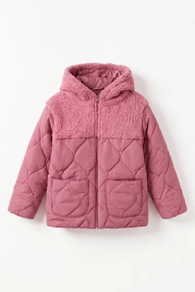 Gül Kurusu (4-8 Yaş) Kapütone Kapüşonlu Kuzu Kız Çocuk Mont 500183