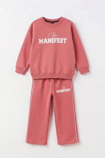 Gül Kurusu (4-8 Yaş)Manifest Baskılı  3 İp Şardonlu Kız Çocuk Kışlık Takım 497368