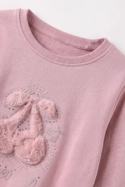 Gül Kurusu (5-13 Yaş) Kiraz Nakışlı Taşlı  İçi Şardonlu Kız Çocuk Sweatshirt 487444