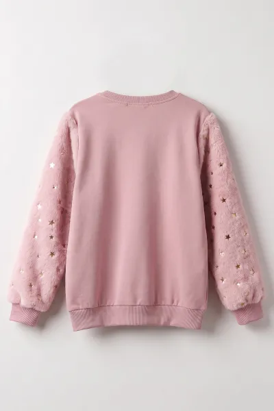 Gül Kurusu (5-13 Yaş) Kolu Yıldız Baskılı ve Peluşlu İçi Şardonlu Kız Çocuk Sweatshirt 487446