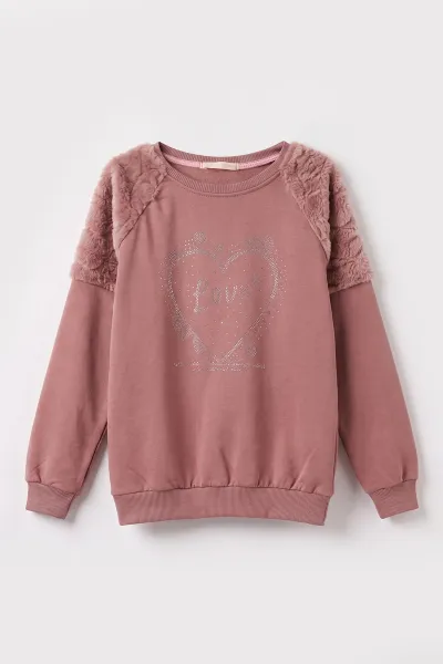 Gül Kurusu (5-13 Yaş) Love Taş Baskılı  Peluşlu İçi Hafif   Şardonlu Kız Çocuk Sweatshirt 489282