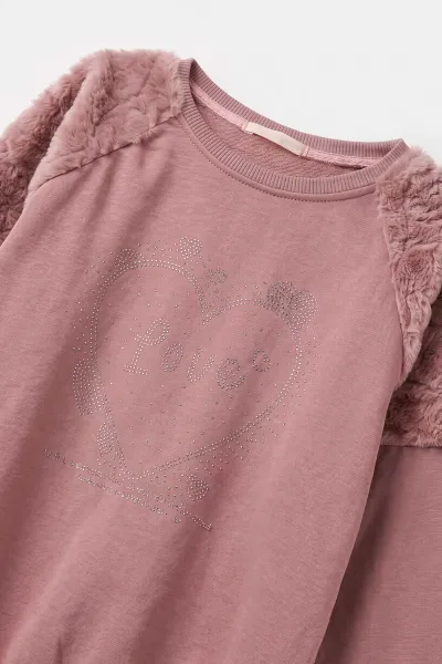 Gül Kurusu (5-13 Yaş) Love Taş Baskılı  Peluşlu İçi Hafif   Şardonlu Kız Çocuk Sweatshirt 489282