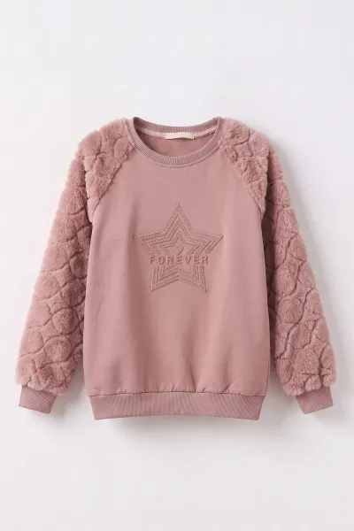 Gül Kurusu (5-13 Yaş) Yıldız Baskılı Kolları Peluşlu İçi  Hafif Pamuklu Kız Çocuk Sweatshirt 489291