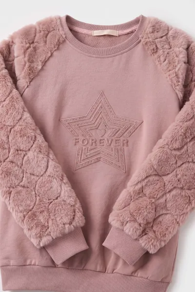 Gül Kurusu (5-13 Yaş) Yıldız Baskılı Kolları Peluşlu İçi  Hafif Pamuklu Kız Çocuk Sweatshirt 489291