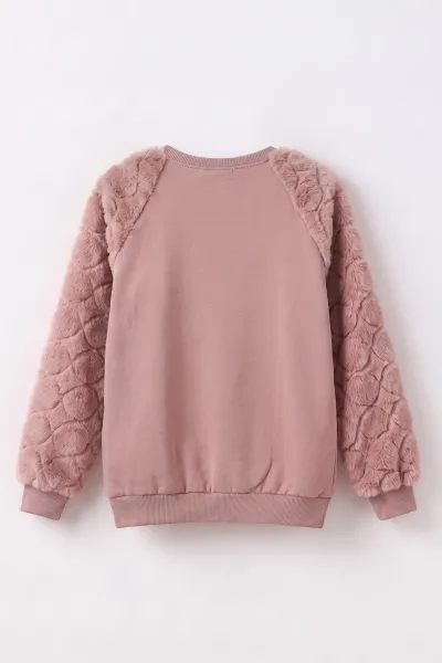 Gül Kurusu (5-13 Yaş) Yıldız Baskılı Kolları Peluşlu İçi  Hafif Pamuklu Kız Çocuk Sweatshirt 489291