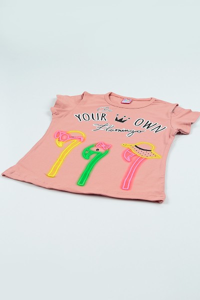 Gül Kurusu (5-8 yaş) Flamingo Baskılı Kız Çocuk Tşört 105049