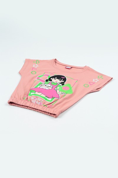 Gül Kurusu (5-8 Yaş) Kız Baskılı Beli Lastikli Kız Çocuk Tişört 105354