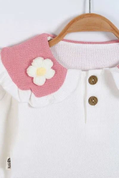 Gül Kurusu (6-24 Ay) Waffle Kumaş Yaka Papatya Figürlü Bandana  Figürlü Kız Bebek Takım 339624