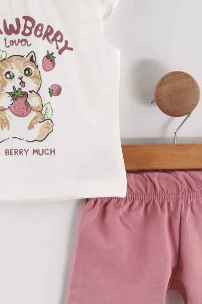 Gül Kurusu (6-24 Ay)Çilekli Kedi Baskılı  Kol Fırfırlı Kız Bebek Takım 467655
