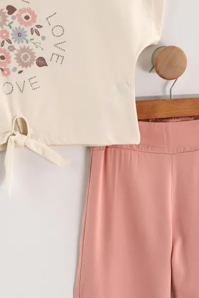 Gül Kurusu (6-9 Yaş)Love Taşlı Bağlamalı Belmando Bol Paça Pantolonlu Kız Çocuk Takım 436482
